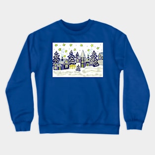 Winter landscape with blue houses Crewneck Sweatshirt